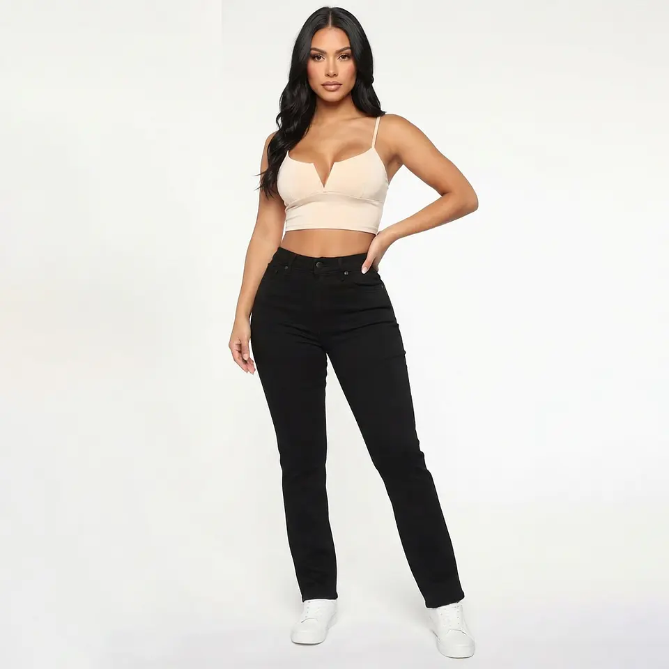 Recto Negro Sólido Tiro Alto Elasticado con Push-Up 1