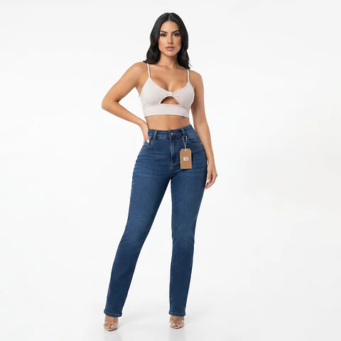 Recto Azul Jeans Clásico Tiro Alto Elasticado con Push-Up