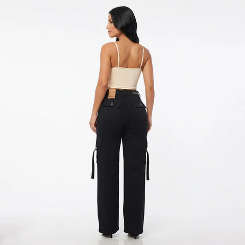 Cargo Negro Tiro Alto Wide Leg Elasticado Con Push-up
