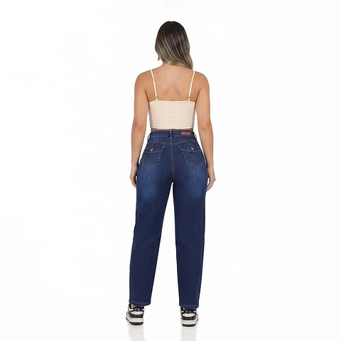 Mom Jean Azul Marino Focalizado Tiro Alto Elasticado Con Push-Up