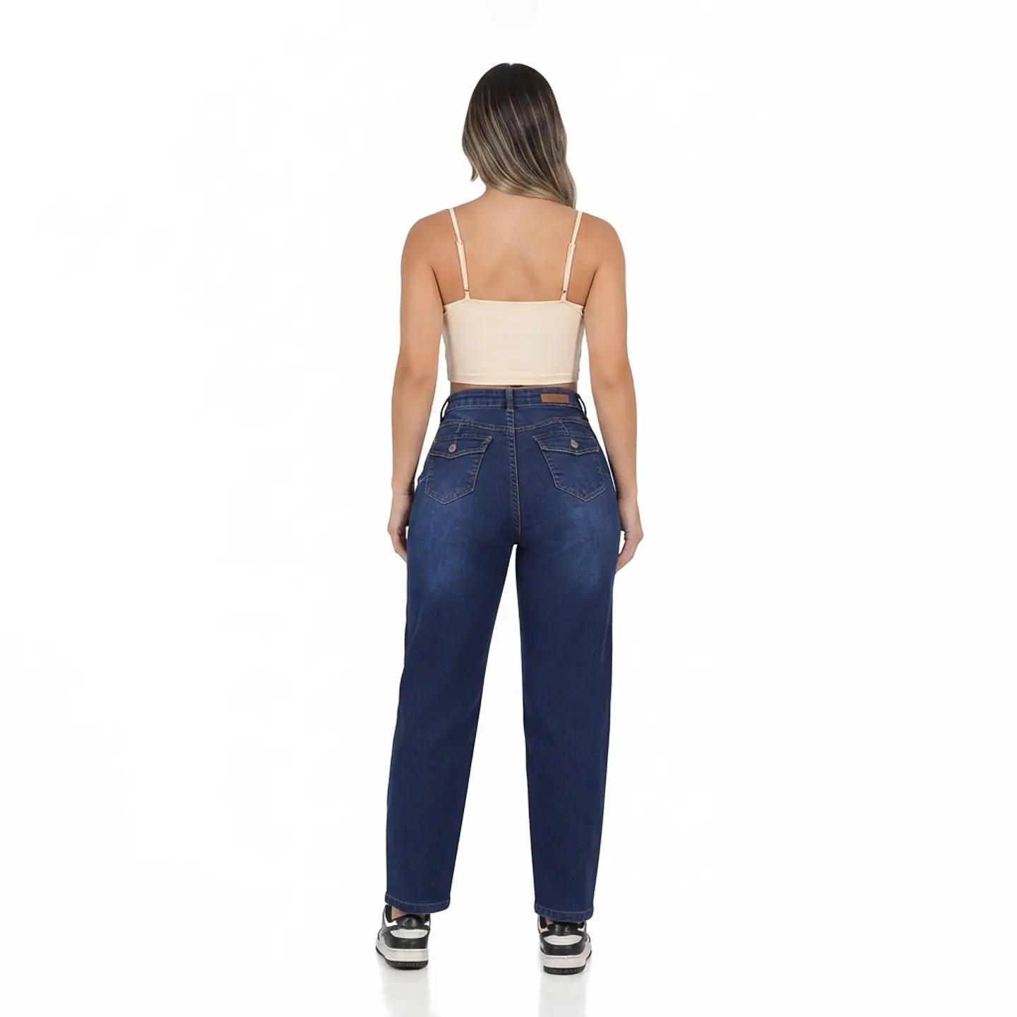 Mom Jean Azul Marino Focalizado Tiro Alto Elasticado Con Push-Up 2
