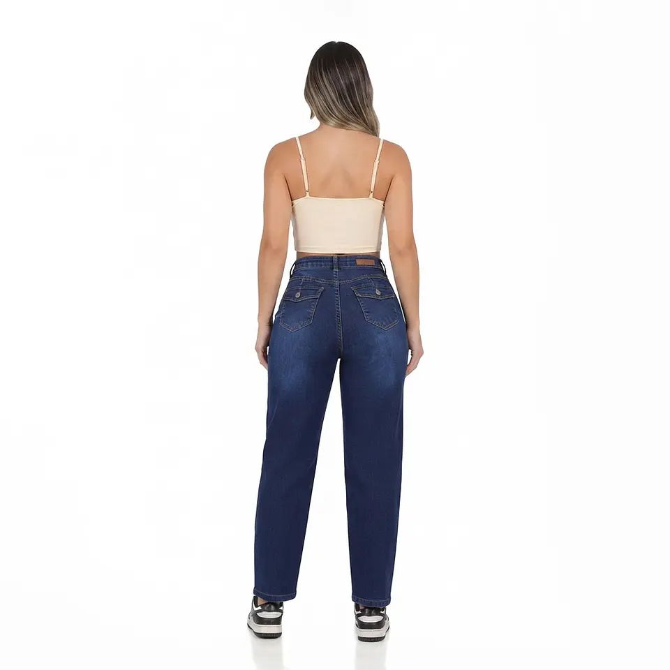 Mom Jean Azul Marino Focalizado Tiro Alto Elasticado Con Push-Up 2