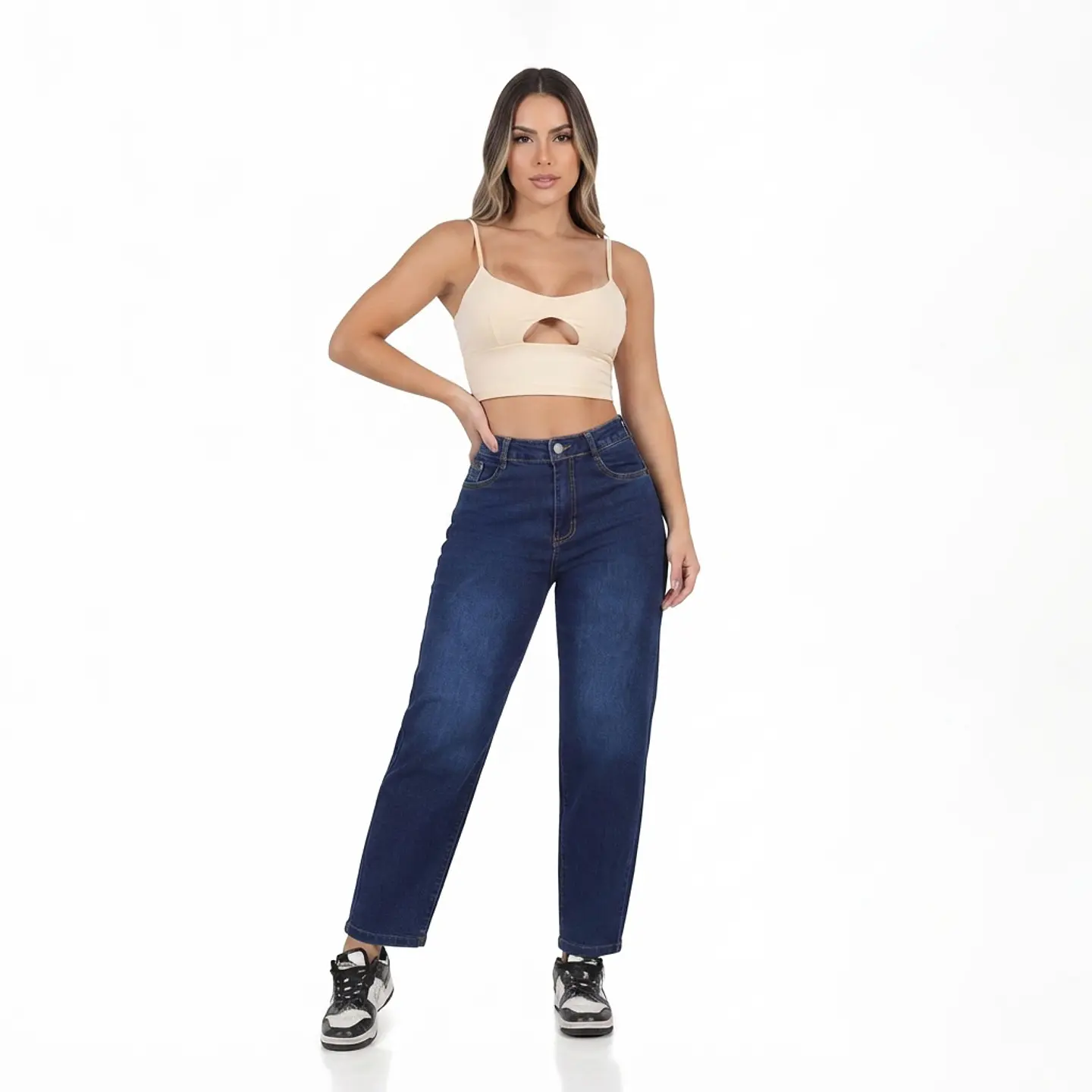 Mom Jean Azul Marino Focalizado Tiro Alto Elasticado Con Push-Up 1