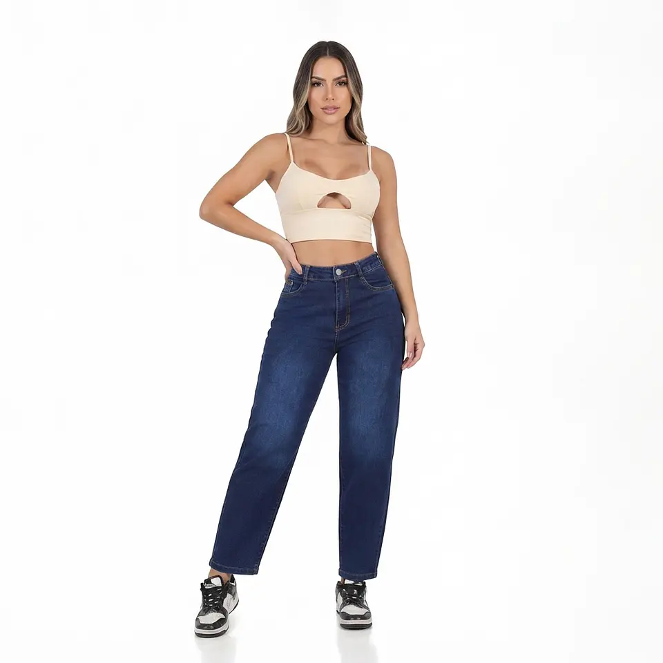 Mom Jean Azul Marino Focalizado Tiro Alto Elasticado Con Push-Up 1