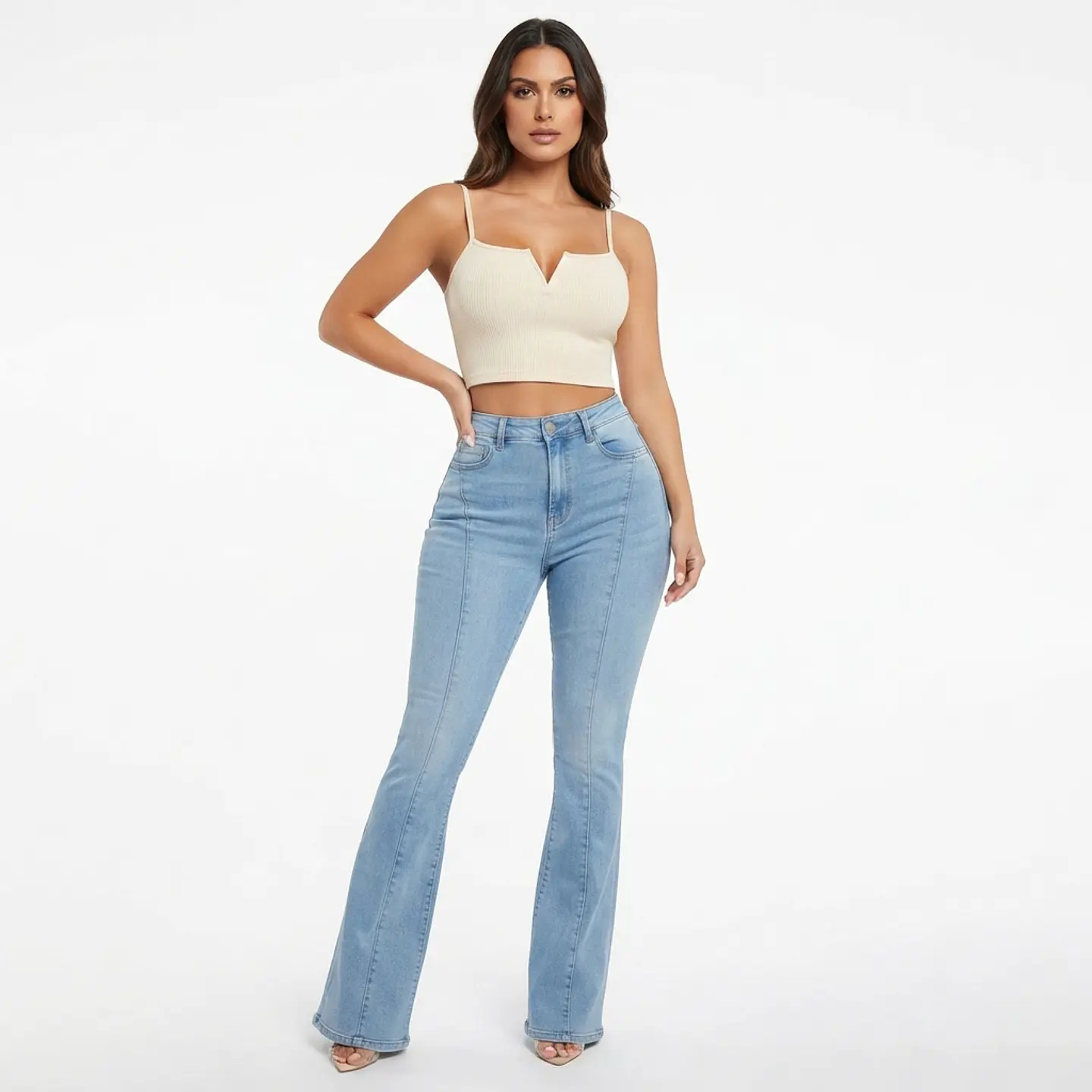 Flare Celeste Costura Vertical Frontal Lavado Tiro Alto con Push-Up 1