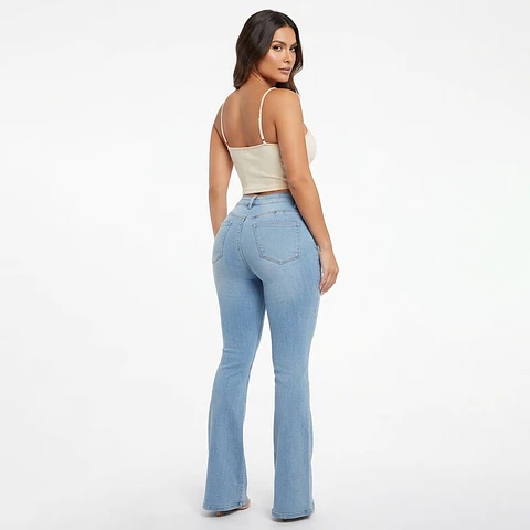 Flare Celeste Costura Vertical Frontal Lavado Tiro Alto con Push-Up