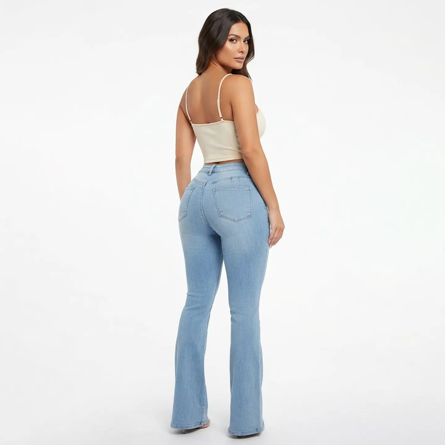 Flare Celeste Costura Vertical Frontal Lavado Tiro Alto con Push-Up 2
