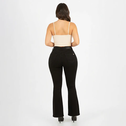 Flare Negro Solido Con Rotos Tiro Alto Elasticado con Push-Up