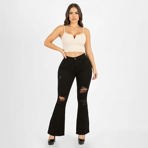 Flare Negro Solido Con Rotos Tiro Alto Elasticado con Push-Up