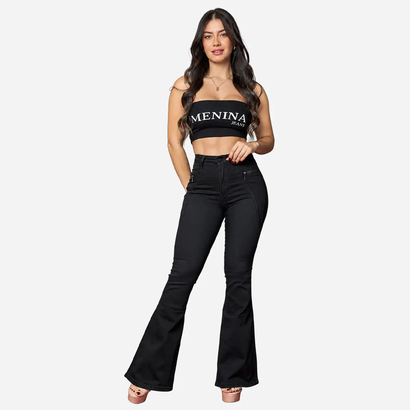 Flare Menina Negro Elasticado Tiro Alto con Push-Up 1