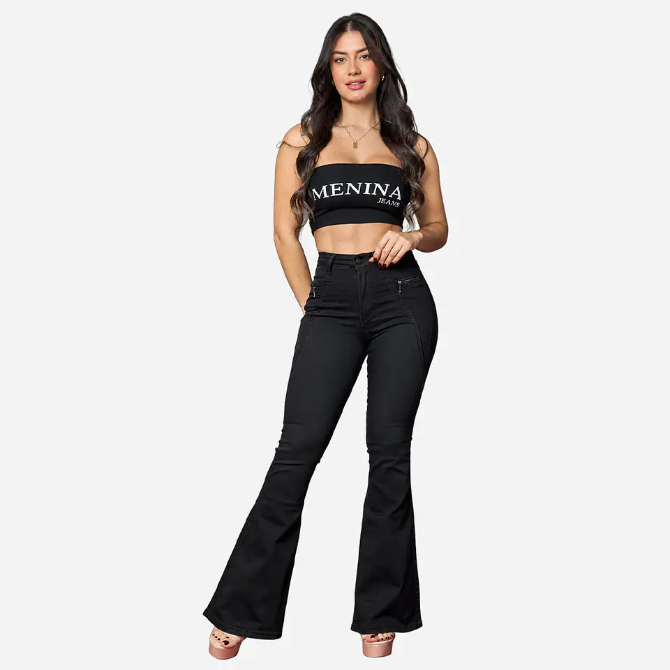 Flare Menina Negro Elasticado Tiro Alto con Push-Up 1