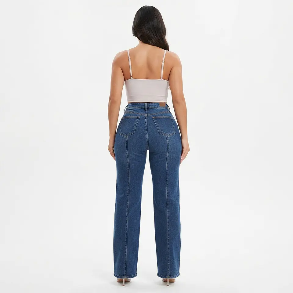 Wide Leg Azul Clásico Elasticado Costura Vestical Trasera Tiro Alto con Push-Up 2