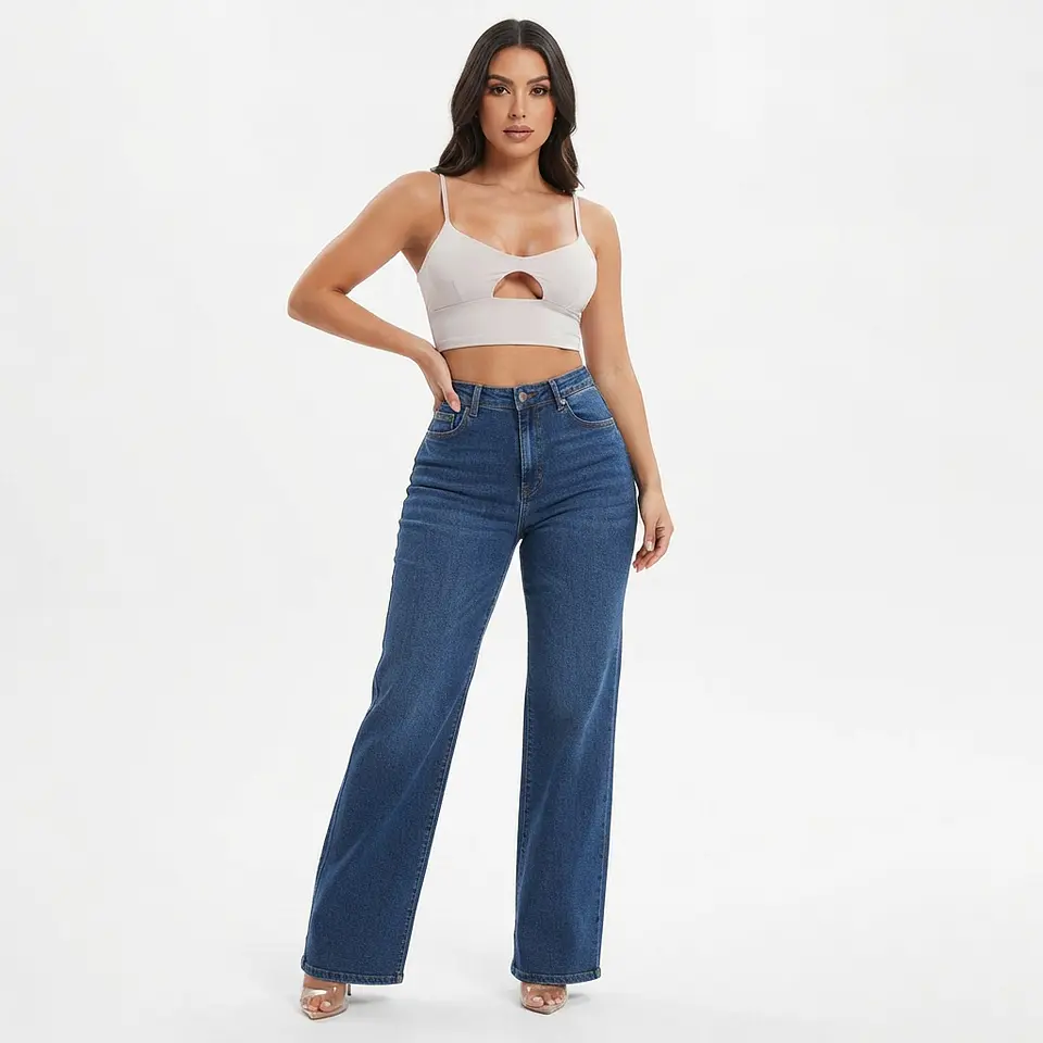 Wide Leg Azul Clásico Elasticado Costura Vestical Trasera Tiro Alto con Push-Up 1