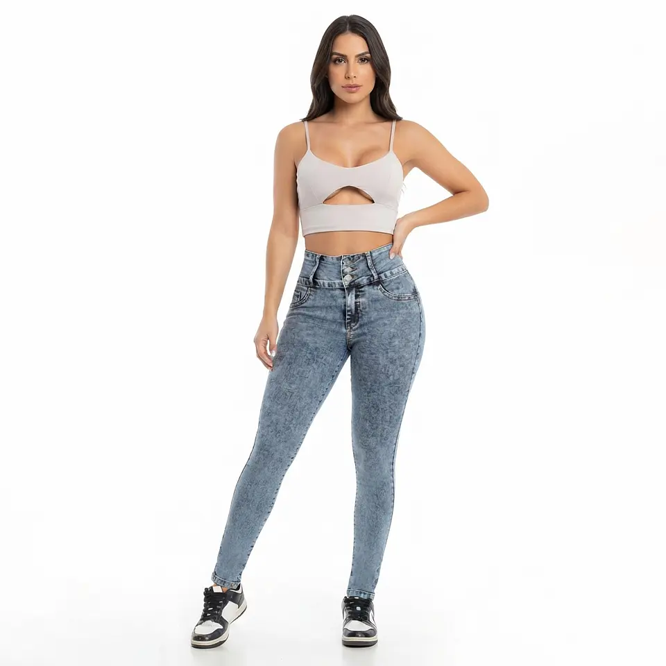 Skinny Elasticado Tiro Alto Azul Hielo Nevado Pretina Ancha 3 Botones con Push-Up 1