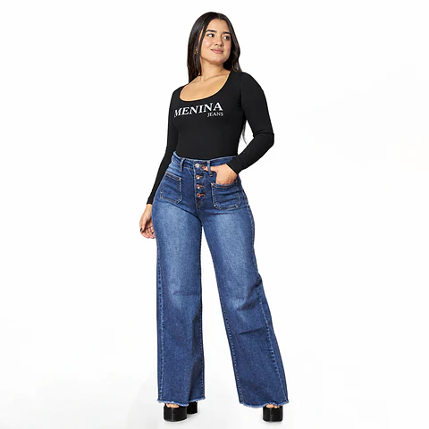 Wide Leg Menina Azul Focalizado 4 Botones Elasticado Tiro Alto con Push-Up
