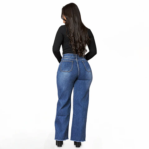 Wide Leg Menina Azul Focalizado 4 Botones Elasticado Tiro Alto con Push-Up