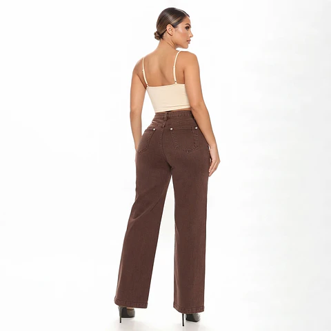9386 | Wide Leg Café Costura Frontal Tiro Alto Elasticado con Push-Up