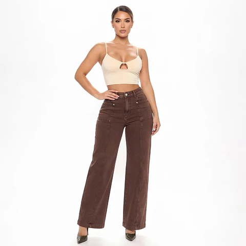 9386 | Wide Leg Café Costura Frontal Tiro Alto Elasticado con Push-Up