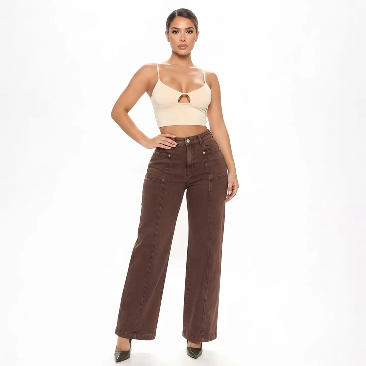 9386 | Wide Leg Café Costura Frontal Tiro Alto Elasticado con Push-Up 1