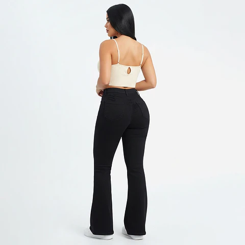 9363 | Flare Acampanado Negro Tiro Alto Elasticado con Push-Up