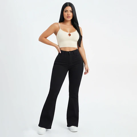 9363 | Flare Acampanado Negro Tiro Alto Elasticado con Push-Up