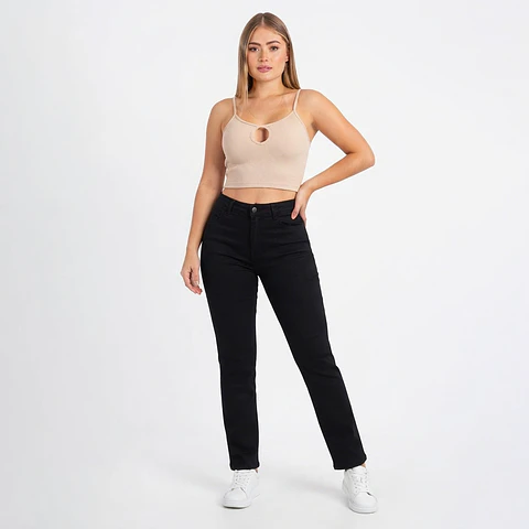 9357 | Recto Negro Sólido Tiro Alto Elasticado con Push-Up