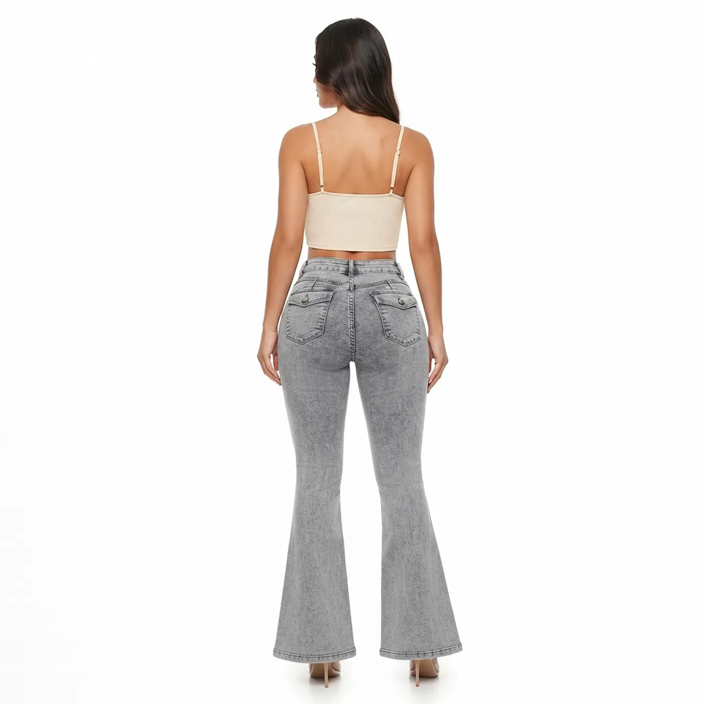 9361 | Flare Gris Jaspeado Lavado Tiro Alto Elasticado con Push-Up 2
