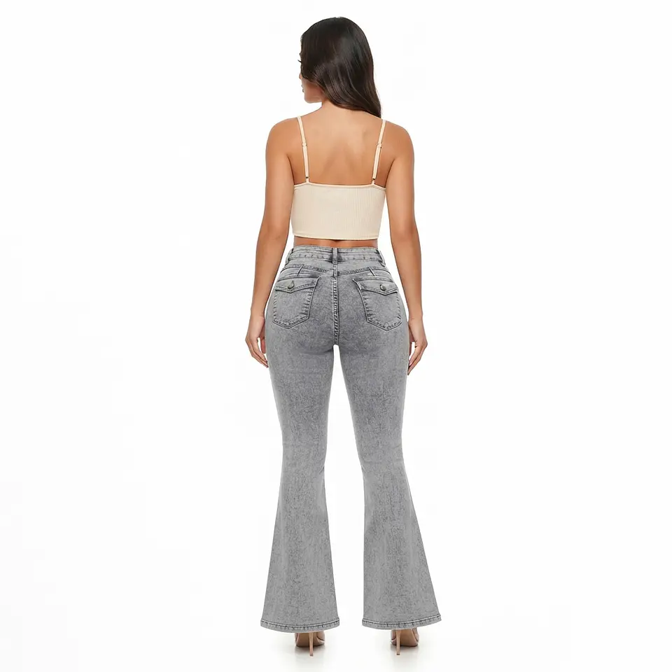9361 | Flare Gris Jaspeado Lavado Tiro Alto Elasticado con Push-Up 2
