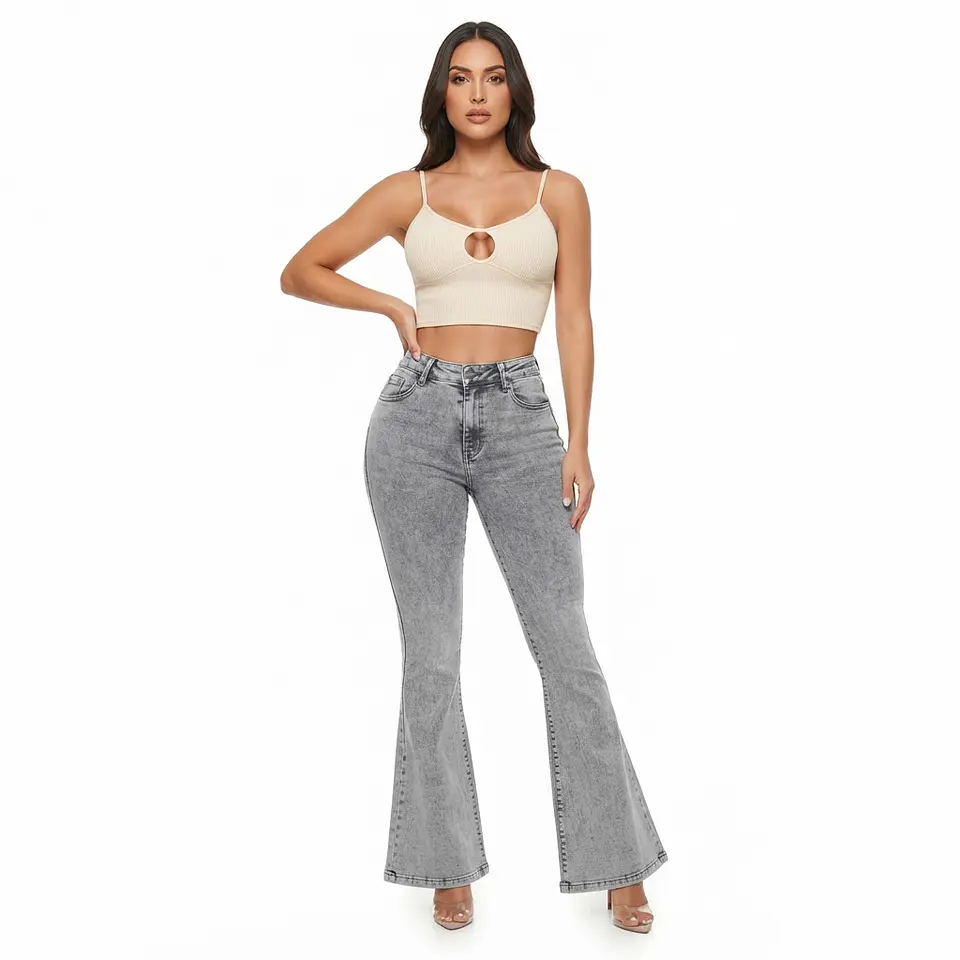 9361 | Flare Gris Jaspeado Lavado Tiro Alto Elasticado con Push-Up 1