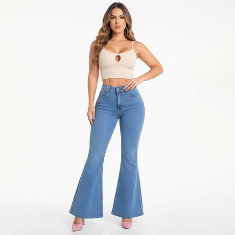 9355 | Flare Azul Cielo Lavado Bolsillos Cargo Tiro Alto Elasticado con Push-Up