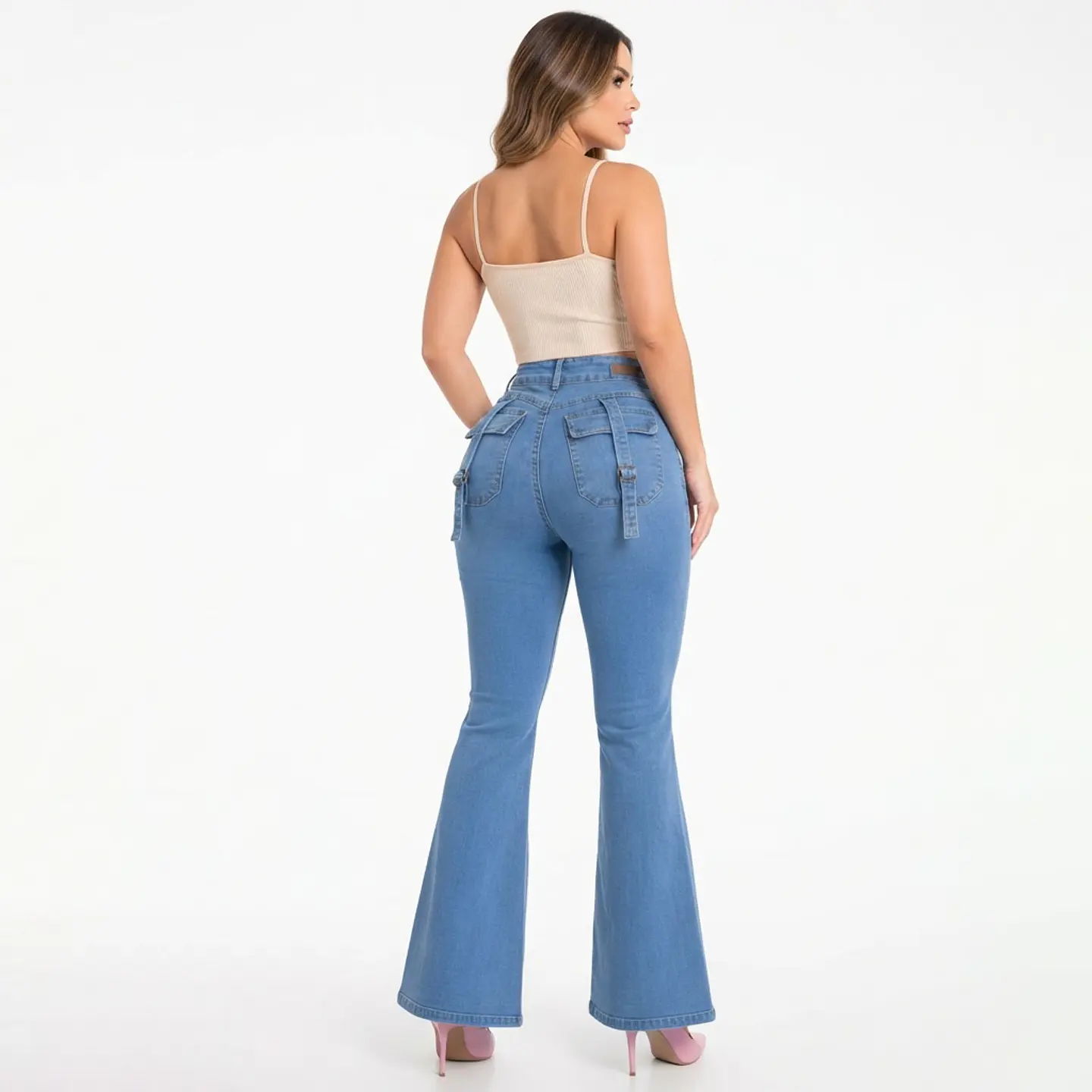 9355 | Flare Azul Cielo Lavado Bolsillos Cargo Tiro Alto Elasticado con Push-Up 2