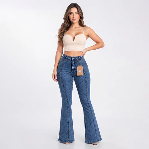 9360 | Flare Azul Nevado Linea Frontal Tiro Alto Elasticado con Push-Up