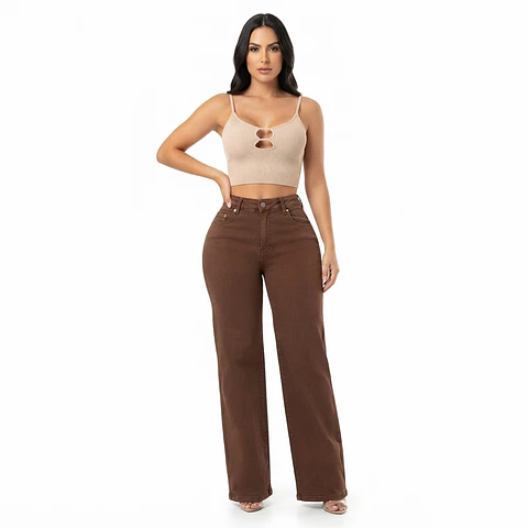 9377 | Wide Leg Café Chocolate Tiro Alto Elasticado con Push-Up