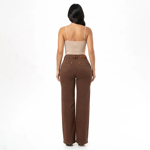 9377 | Wide Leg Café Chocolate Tiro Alto Elasticado con Push-Up