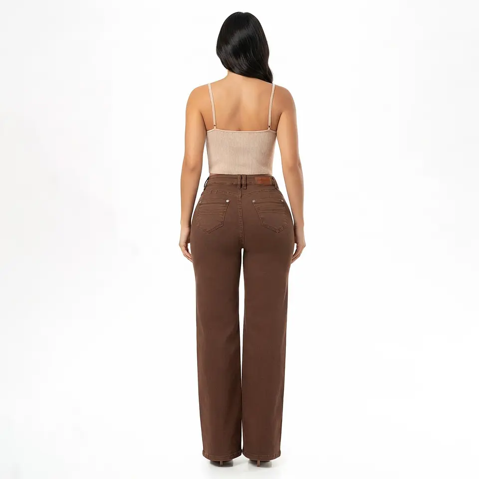 9377 | Wide Leg Café Chocolate Tiro Alto Elasticado con Push-Up 2