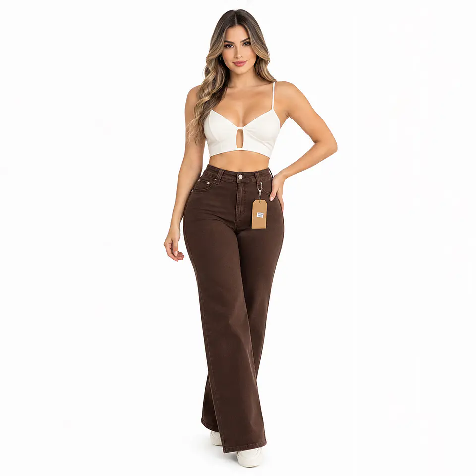 9374 | Wide Leg Café Chocolate Bag Square Tiro Alto Elasticado con Push-Up 1