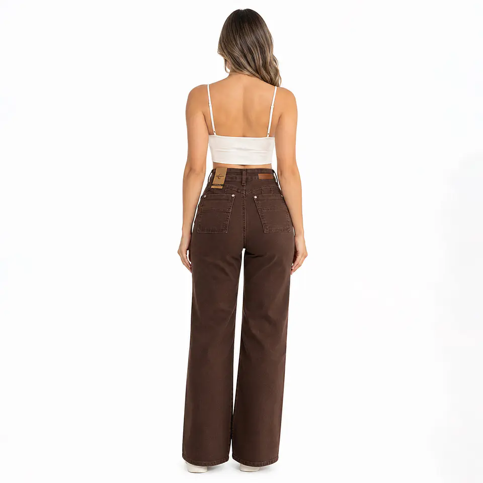 9374 | Wide Leg Café Chocolate Bag Square Tiro Alto Elasticado con Push-Up 2