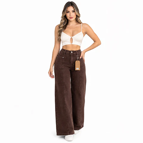 9386 | Wide Leg Café Costura Frontal Tiro Alto Elasticado con Push-Up