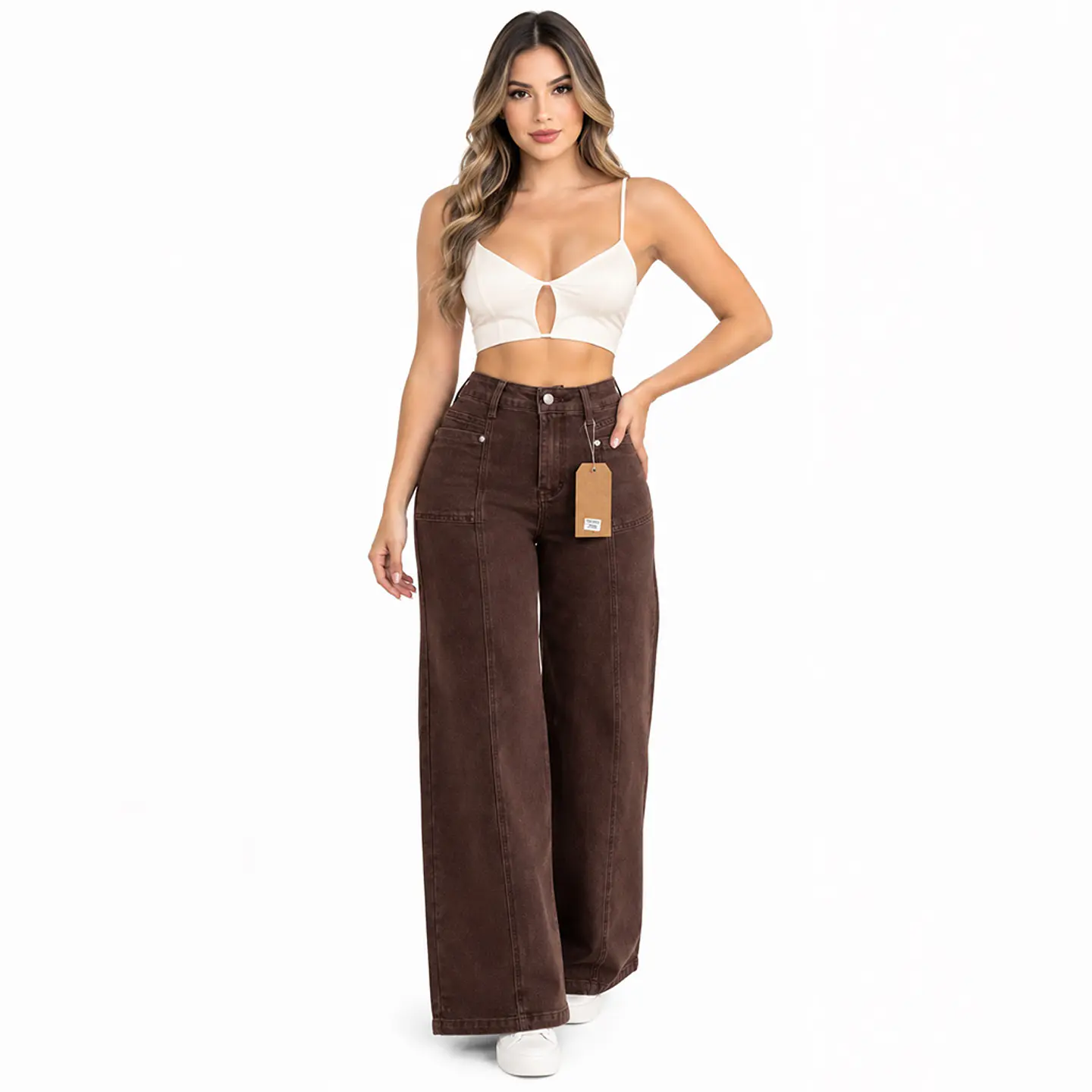 9386 | Wide Leg Café Costura Frontal Tiro Alto Elasticado con Push-Up 1