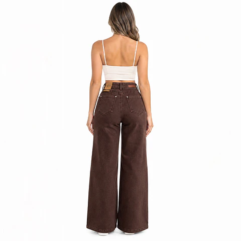 9386 | Wide Leg Café Costura Frontal Tiro Alto Elasticado con Push-Up