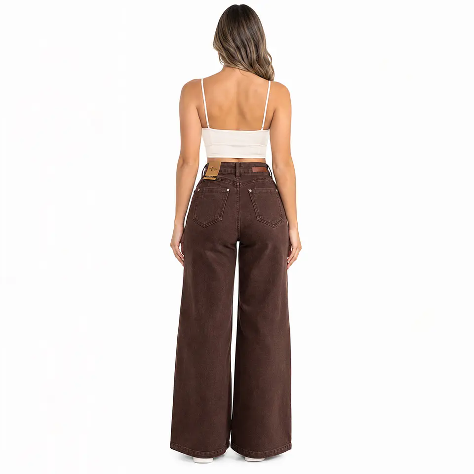 9386 | Wide Leg Café Costura Frontal Tiro Alto Elasticado con Push-Up 2
