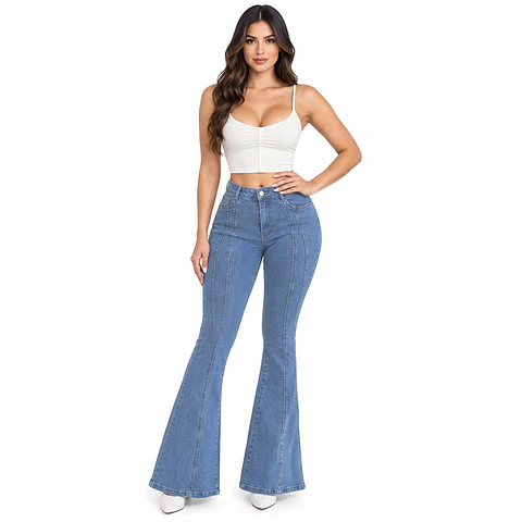 9365 | Flare Azul Celeste Lavado 2 Lineas Frontal Tiro Alto Elasticado con Push-Up