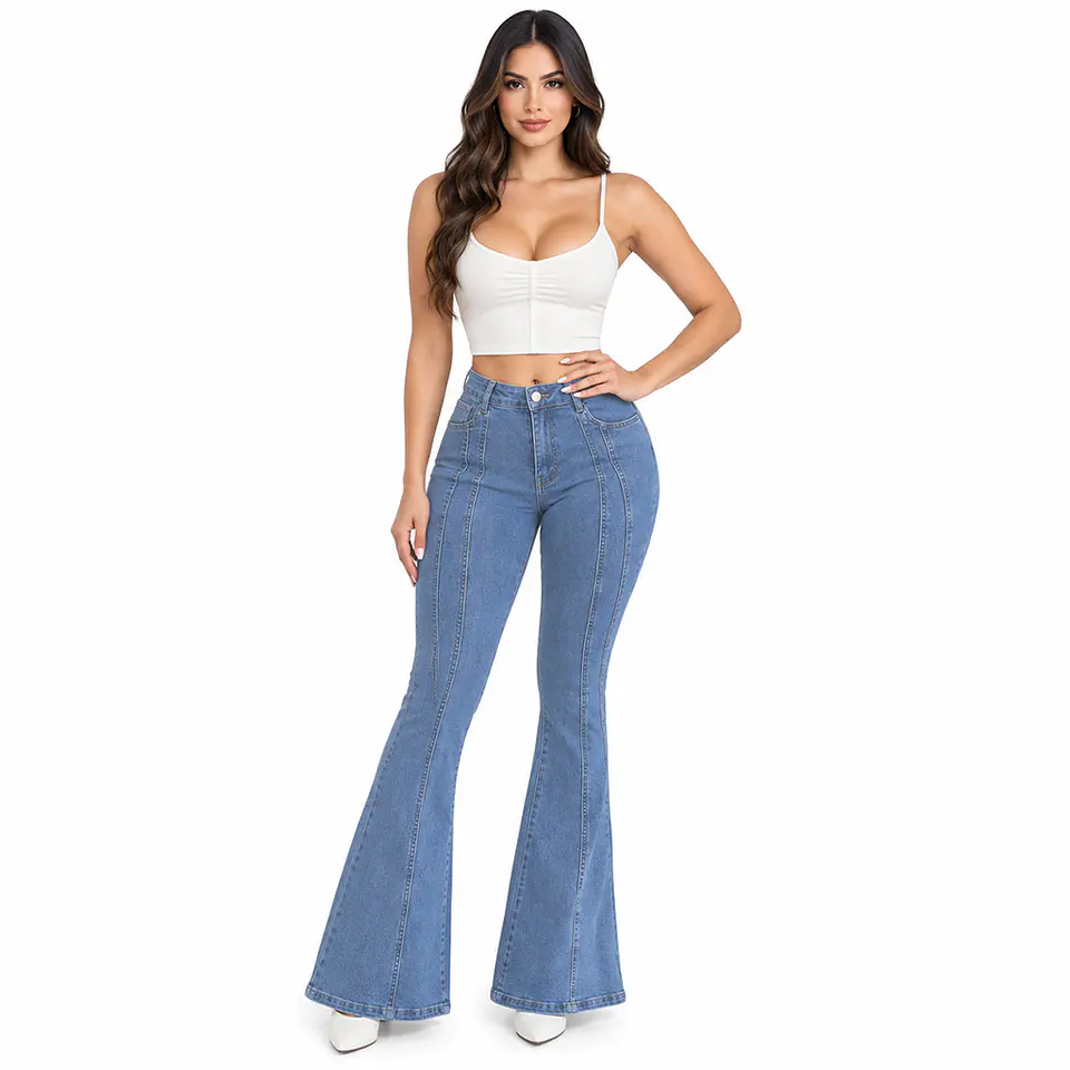 9365 | Flare Azul Celeste Lavado 2 Lineas Frontal Tiro Alto Elasticado con Push-Up 1