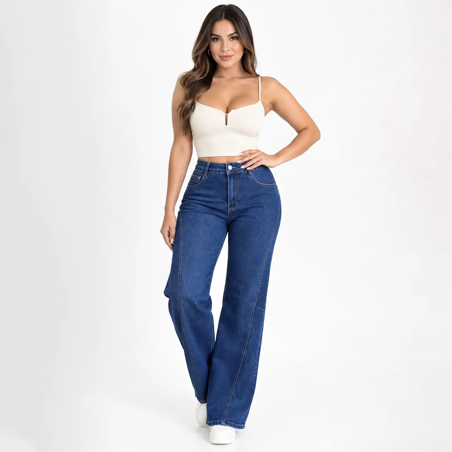 9344 | Wide Leg Azul Lavado Linea Frontal Elasticado Tiro Alto Con Push-up 1