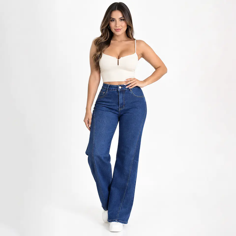 9344 | Wide Leg Azul Lavado Linea Frontal Elasticado Tiro Alto Con Push-up 1