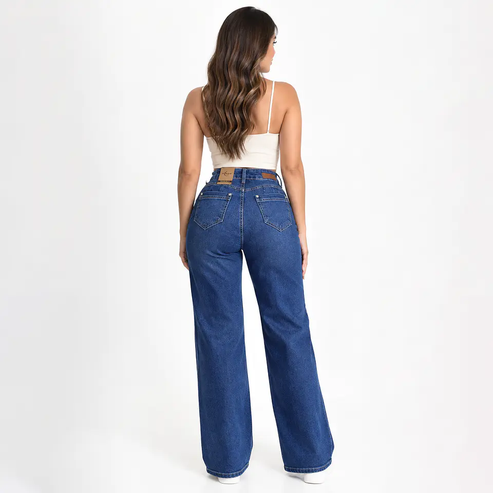 9344 | Wide Leg Azul Lavado Linea Frontal Elasticado Tiro Alto Con Push-up 2