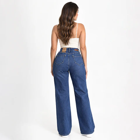 9344 | Wide Leg Azul Lavado Linea Frontal Elasticado Tiro Alto Con Push-up
