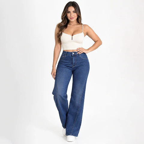9344 | Wide Leg Azul Lavado Linea Frontal Elasticado Tiro Alto Con Push-up