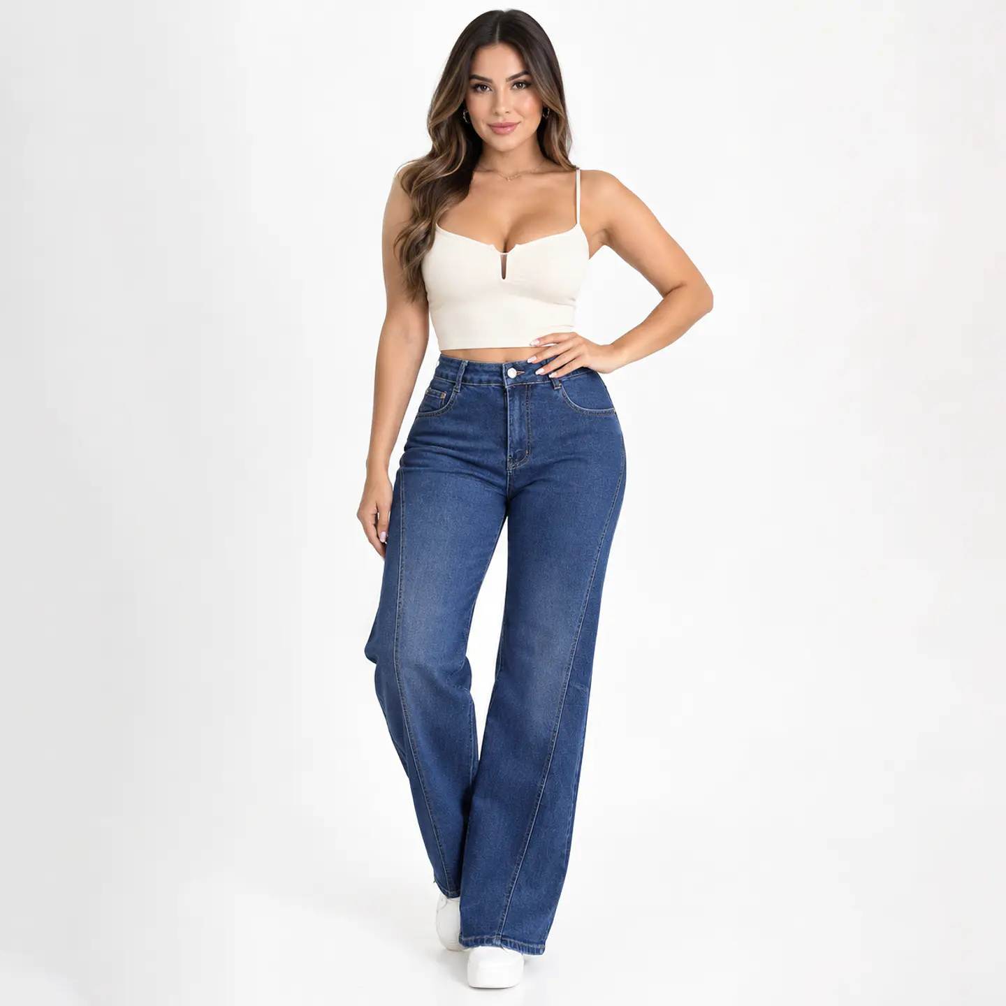 9344 | Wide Leg Azul Lavado Linea Frontal Elasticado Tiro Alto Con Push-up 1