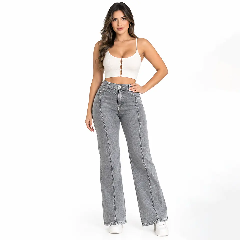 J9376 | Wide Leg Mezclilla Linea Frontal Gris Jaspeado Tiro Alto con Push-Up 1